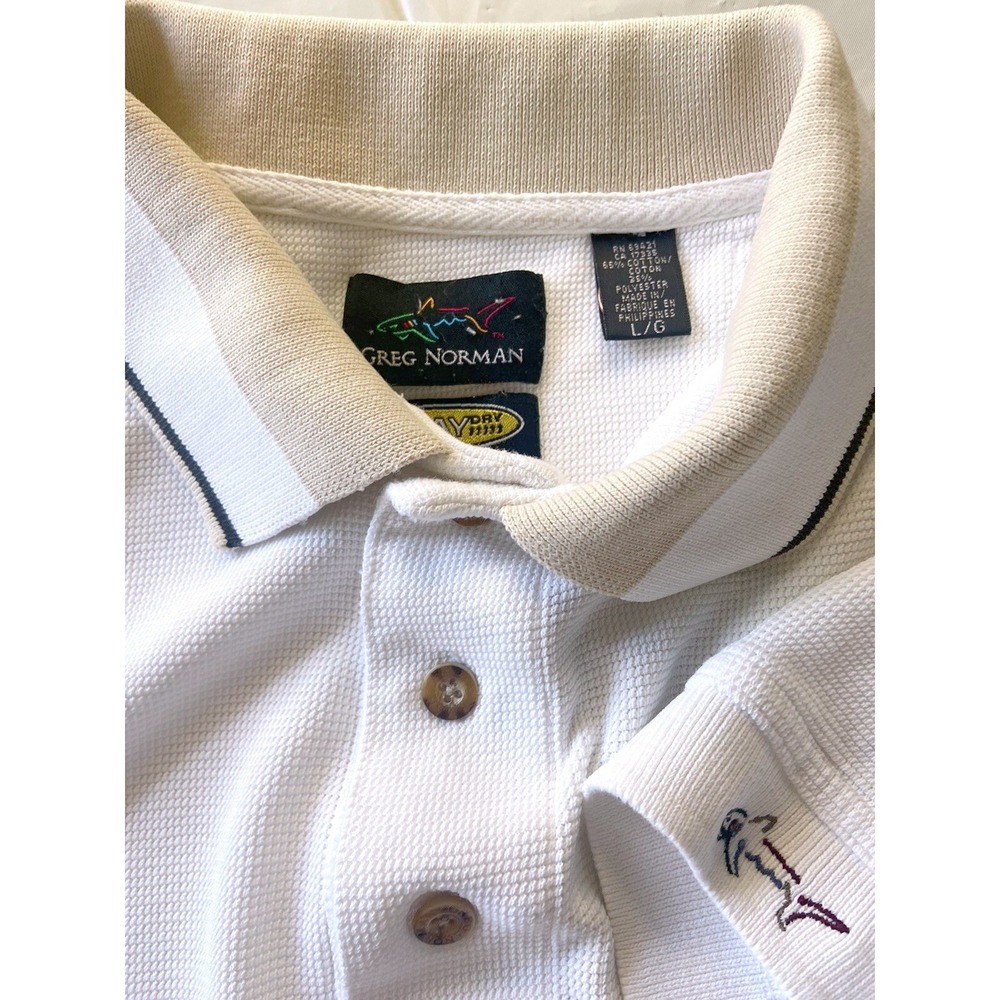 Greg Norman Play Dry Mens White Waffle Knit Golf Polo Shirt Large L/G Shark Logo
